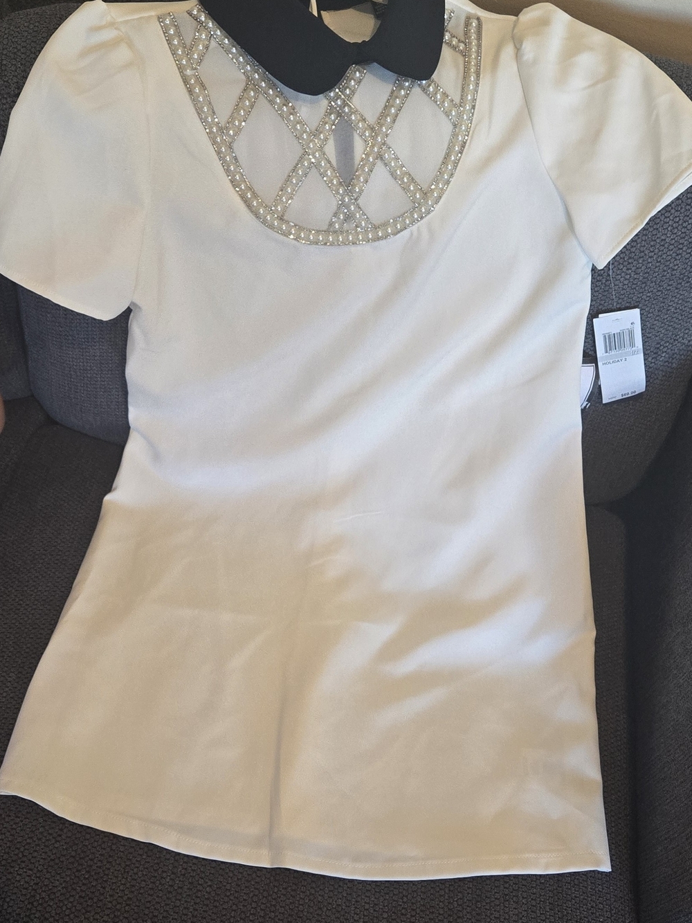 White Short-Sleeve Dress with Black Peter Pan Collar and Crystal Yoke